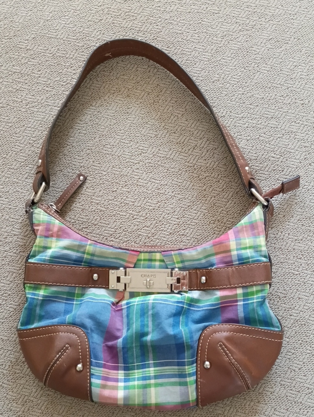 Chaps Multicolor Plaid Shoulder Bag with Brown Trim and Silver Hardware